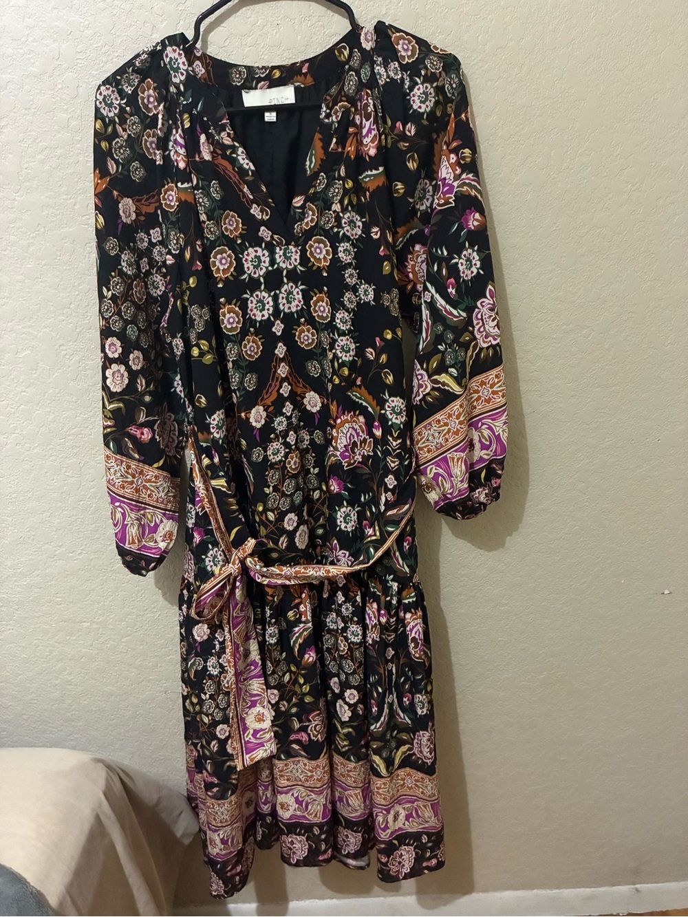 Pinch Border Print Tiered Midi Dress In Black boho floral Multi size small - Picture 3 of 7